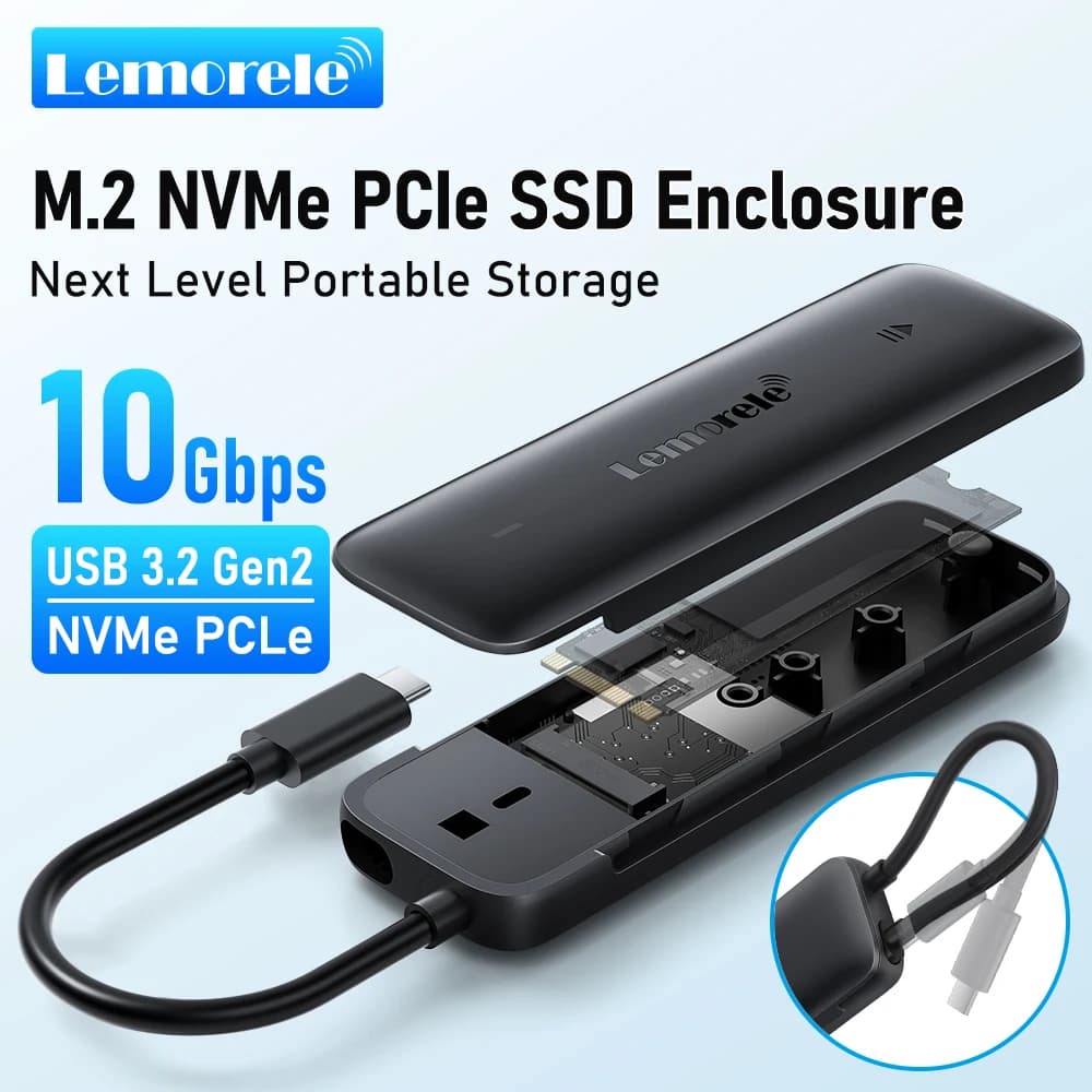 Lemorele SD5 10 Gbps USB C NVMe M.2 SSD Custodia per disco rigido esterno portatile da 4 TB con cavo integrato USB 3.2 Gen2