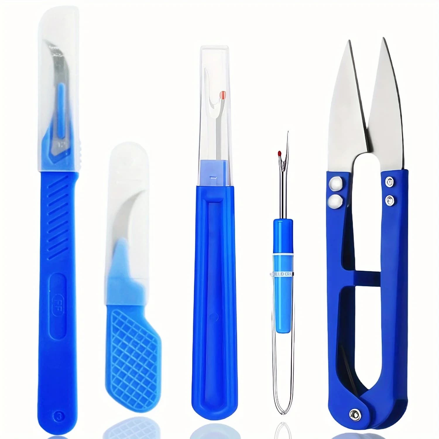 5 pieces of blue sewing machine kit, including machine to tear wire, machine to tear suture and scissors to remove points