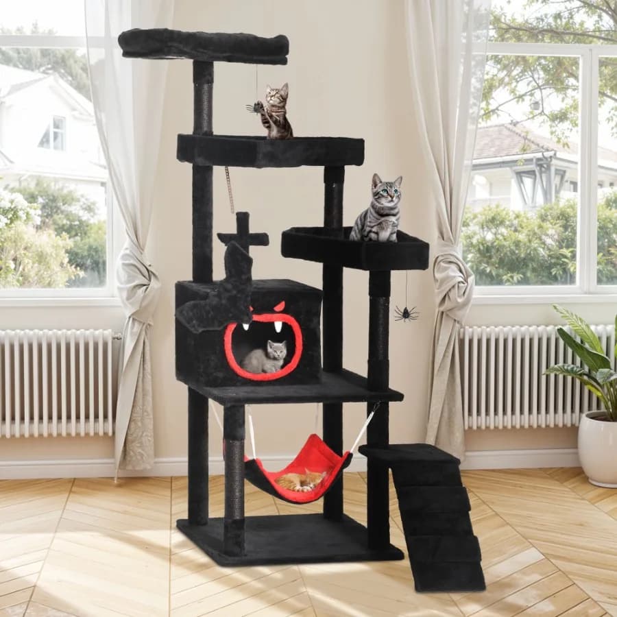 63in Gothic Cat Tree with Coffin Bed Tall Halloween Cat Tower for Indoor Cats with Top Perch and Sisal Scratching Posts Black