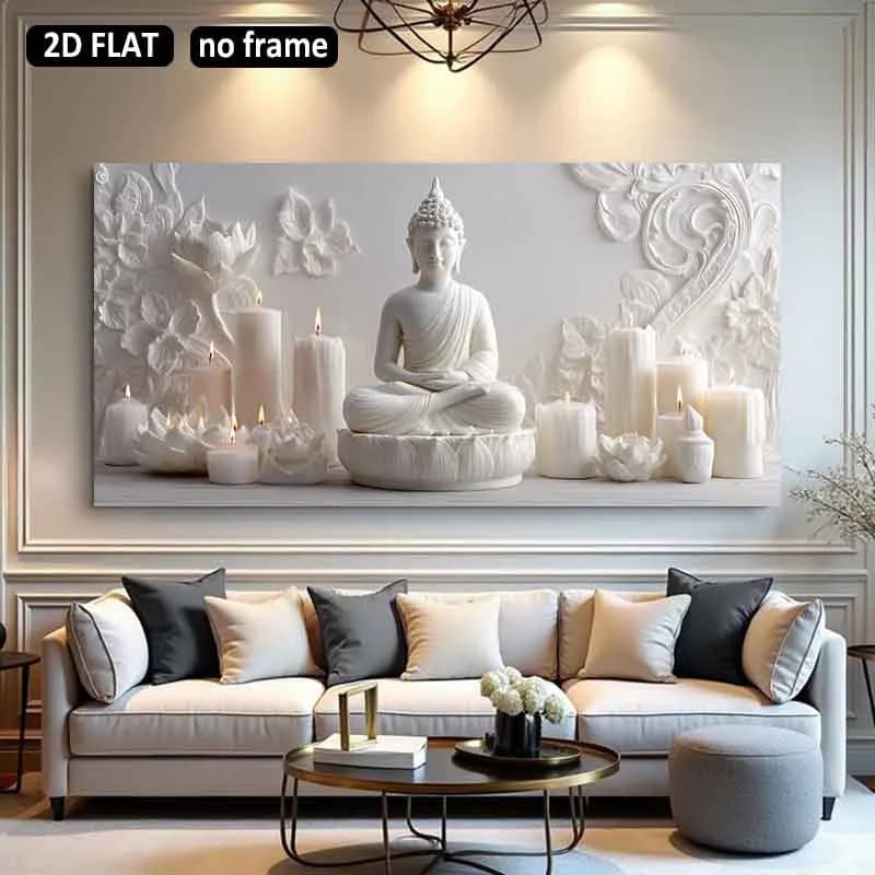 2D Flat 1pc 19.68*39.37in/50*100cm UnFramed Buddha Statue with Candles and Lotus Flowers Canvas Decoration Painting Canvas Mural