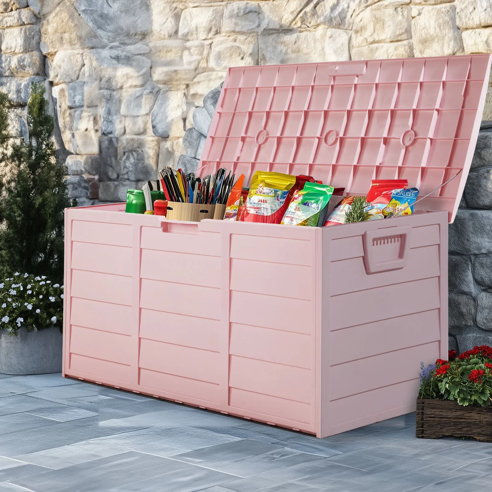 Light Pink 75Gal(280L) Patio Outdoor Storage Deck Box, 110LB Weight Capacity Lockable Container with 2 Wheels, Multifunctional Bench Storage Chest for Garden Tools, Cushions & Kids Toys