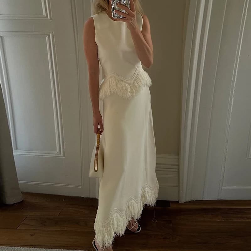 Luxury Banquet Temperament Slim Sets Chic Sleeveless O Neck Vest&Skirts Sets Spring Summer New Solid Tassel Spliced 2 Piece Sets