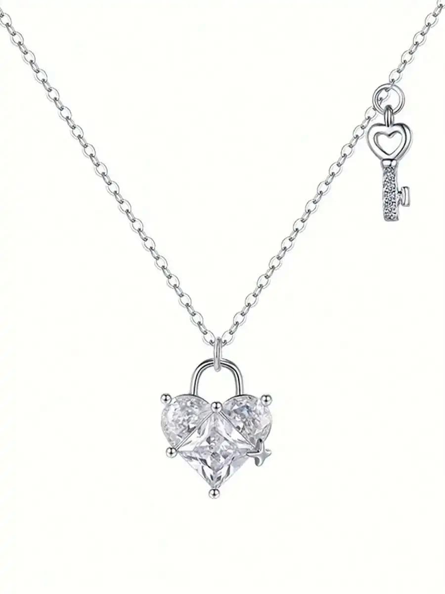 Heart-Shaped Lock Pendant With Key Charm, Cubic Zirconia Crystal Necklace For Romantic Occasions And Special Gifts