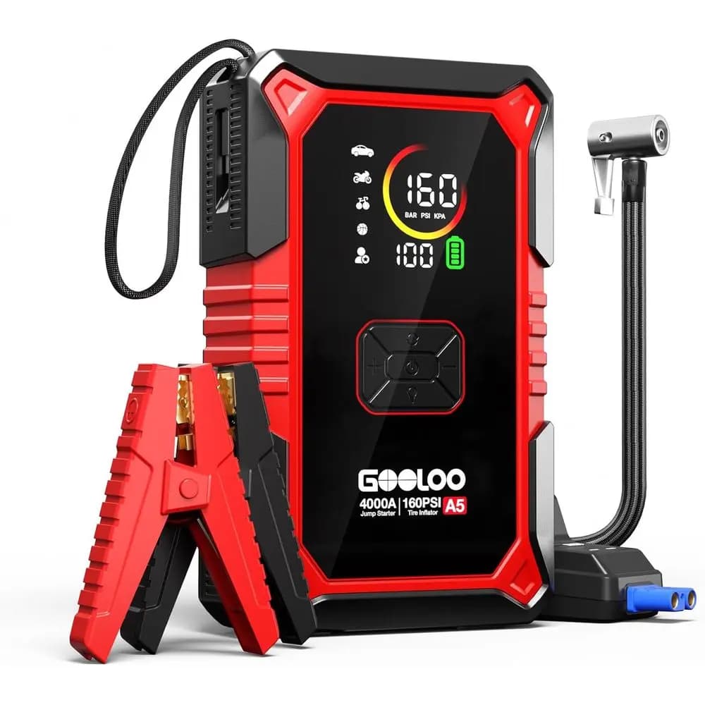 Avviatore d'Emergenza Portatile 4000A con Compressore d'Aria, Gonfiatore Pneumatici e Ricarica Rapida