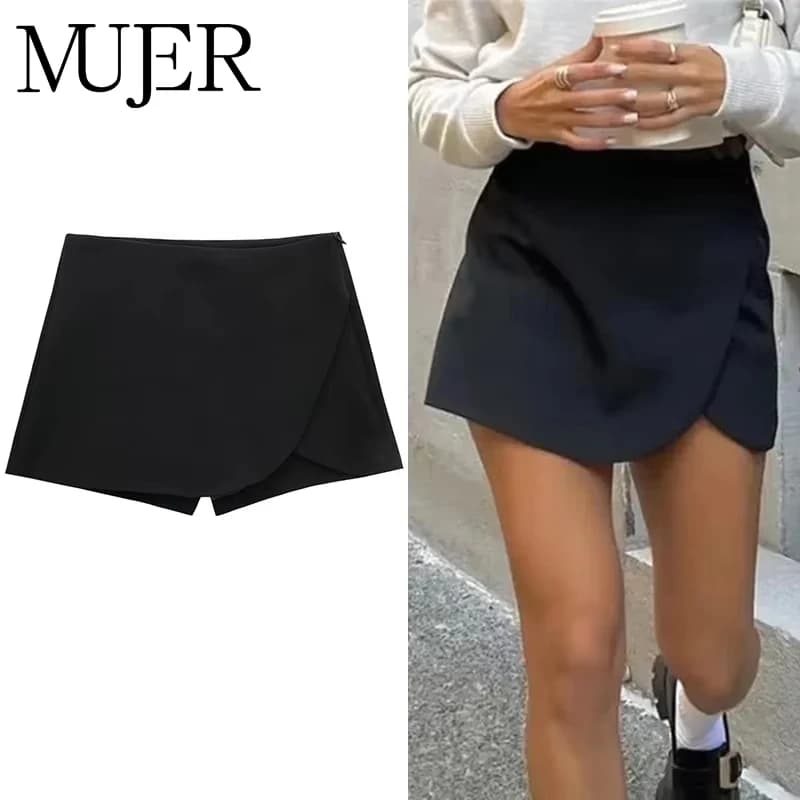 MUJER 2025 Minigonna Nera con Pantaloncini Integrati, Gonna-Pantaloncino Asimmetrica alla Moda per Donna, Gonne Corte a Vita Alta, Pantaloncini Casual Estivi da Donna
