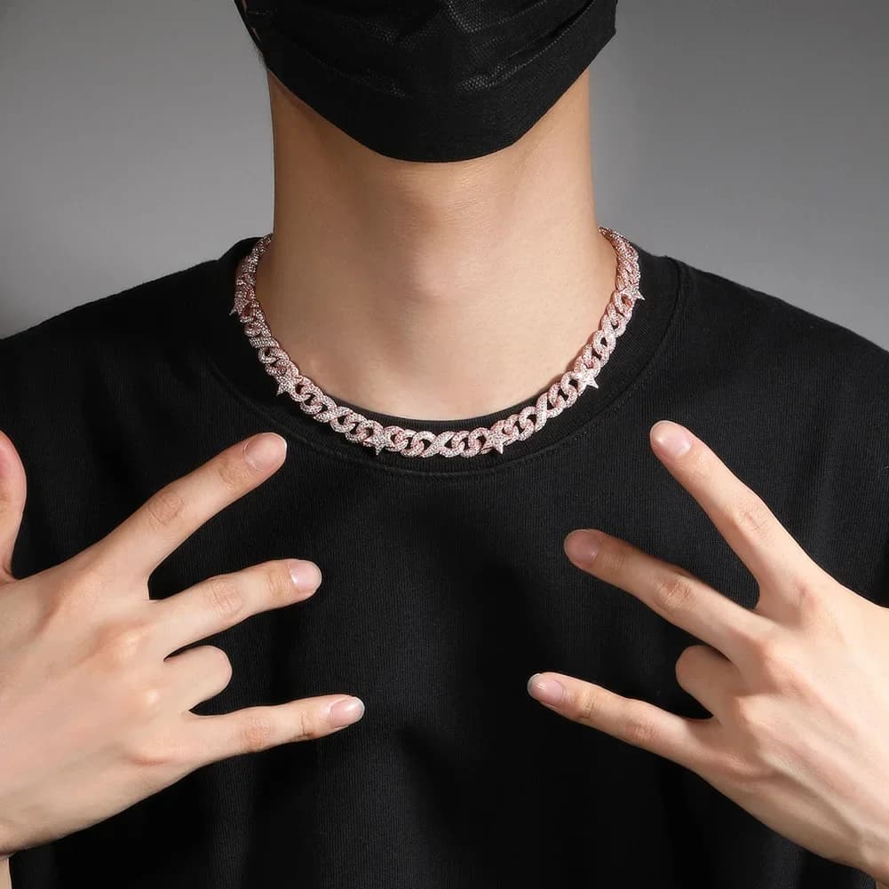 THE BLING KING Catena cubana Miami con chiusura a occhiello da 10 mm con collana a stella a cinque punte Gioielli hiphop con zirconi cubici bicolore ghiacciati