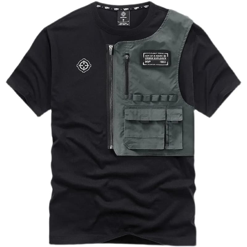 Fashion Men Black Techwear 100% Cotton Patch Stich Short Sleeve T-Shirts Summer Mens Oversized Locomotive Style Tooling T Shirt