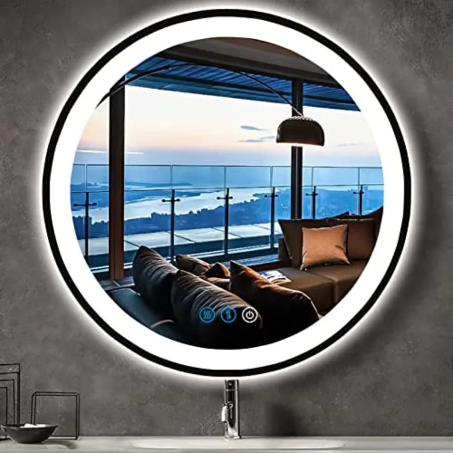 Specchio da Bagno Rotondo LED con Cornice Nera, Illuminato per Parete, 24 Pollici, 3 Colori Dimmerabili