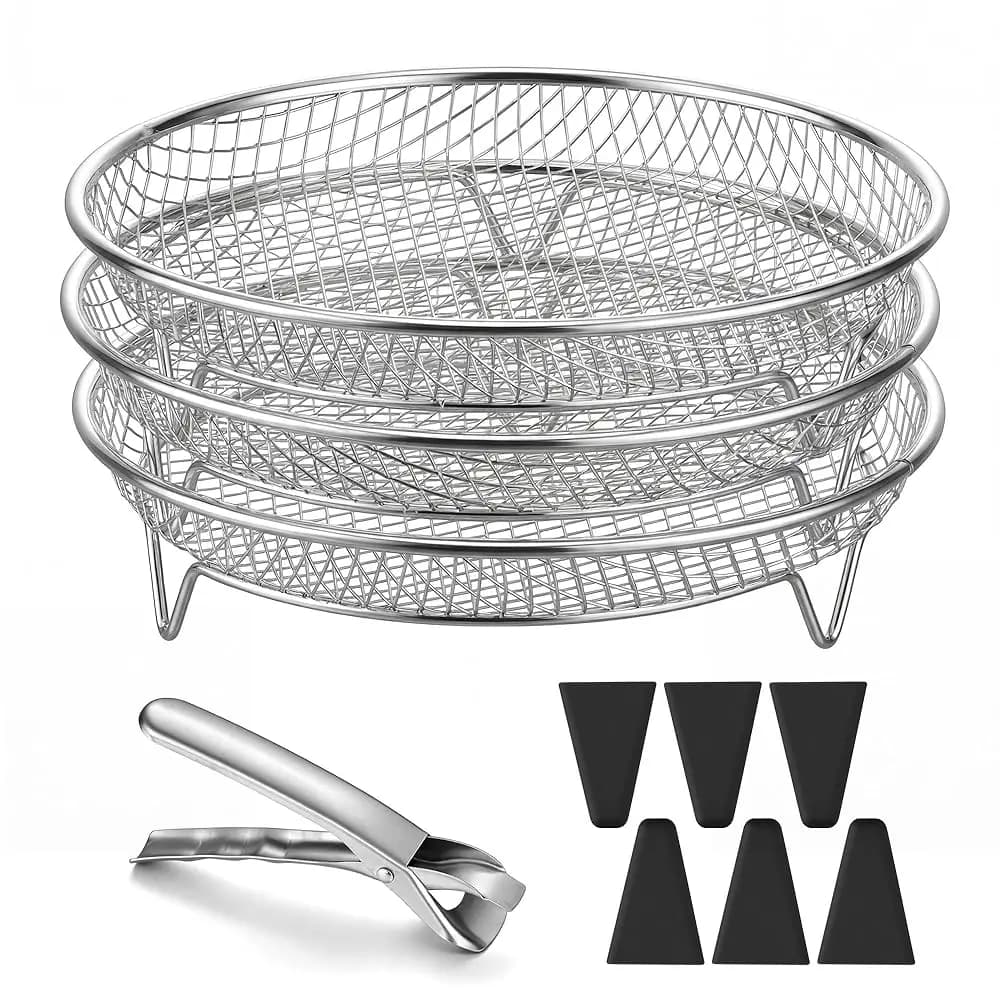 Griglia per friggitrice ad aria, accessori per cestello rotondo da 7,9 pollici per forno, set di griglie disidratanti impilabili a 3 livelli in acciaio inossidabile per friggitrice ad aria