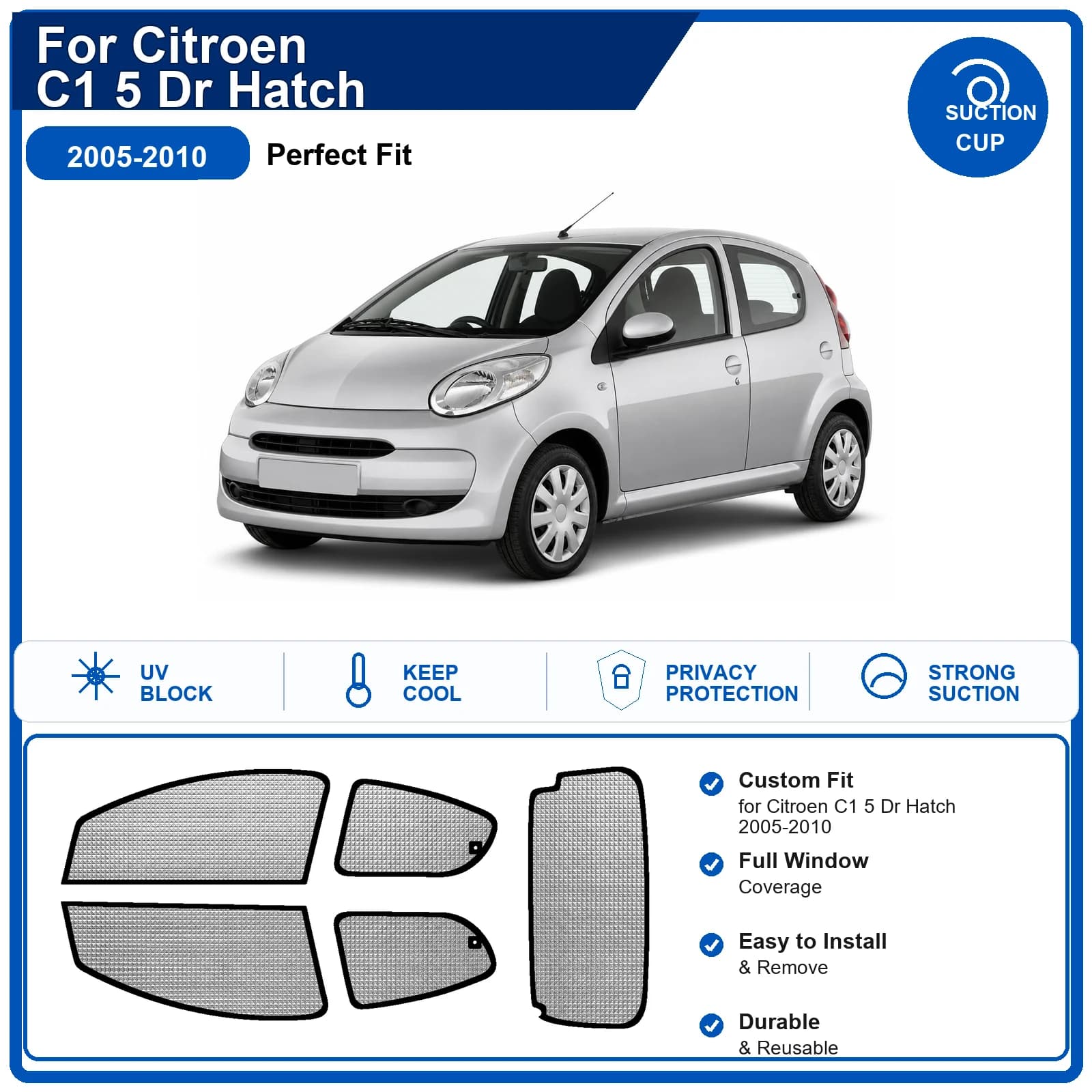 For Citroen C1 5 Dr Hatch 2005-2010 Custom Full Set Windshield Sun Shade Aluminum Foil Heat Insulation Anti UV Foldable