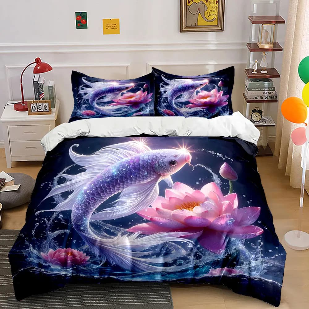 3pcs Vibrant koi leaping with lotus Duvet Cover Set with 3D Printing Design Soft Polyester Bedding Set All-Season Comfort