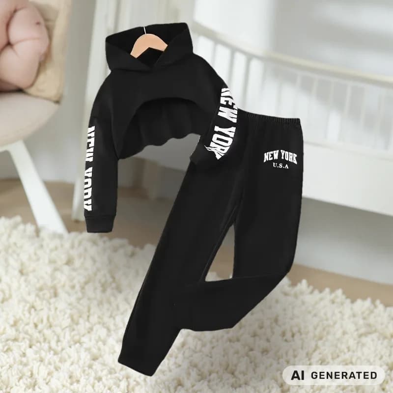 Girls' Autumn and Winter Outfit: Short Hooded Sweatshirt + White Inner Vest + Black Jogger Pants Three-Piece Set with White Letter Print, Stylish and Versatile, Suitable for Girls Aged 5-13