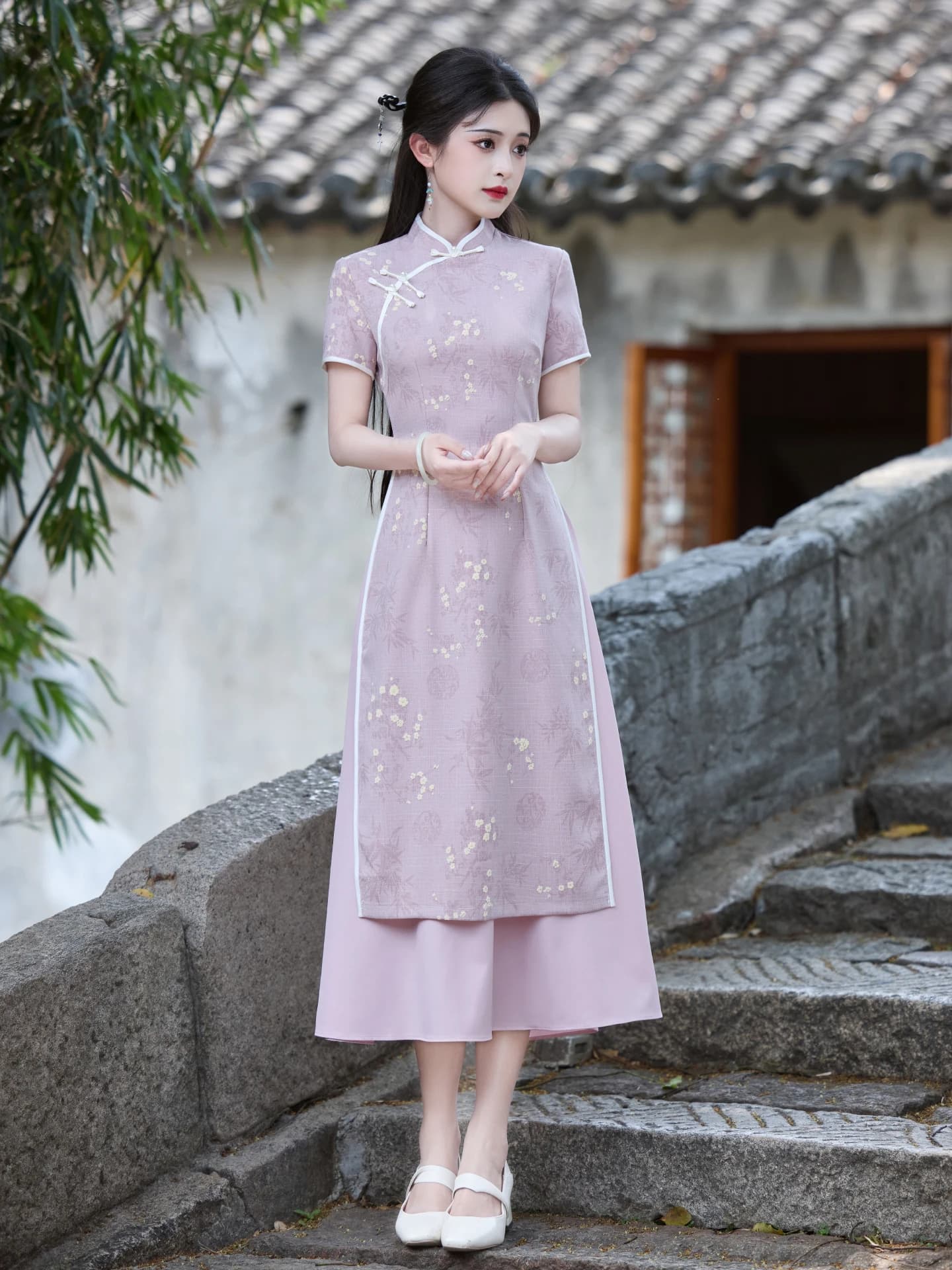 Pink Young Style Summer Improved Chinese New Medium-Length Dress Girl's Tea Costume Breathable Floral Pattern Short...