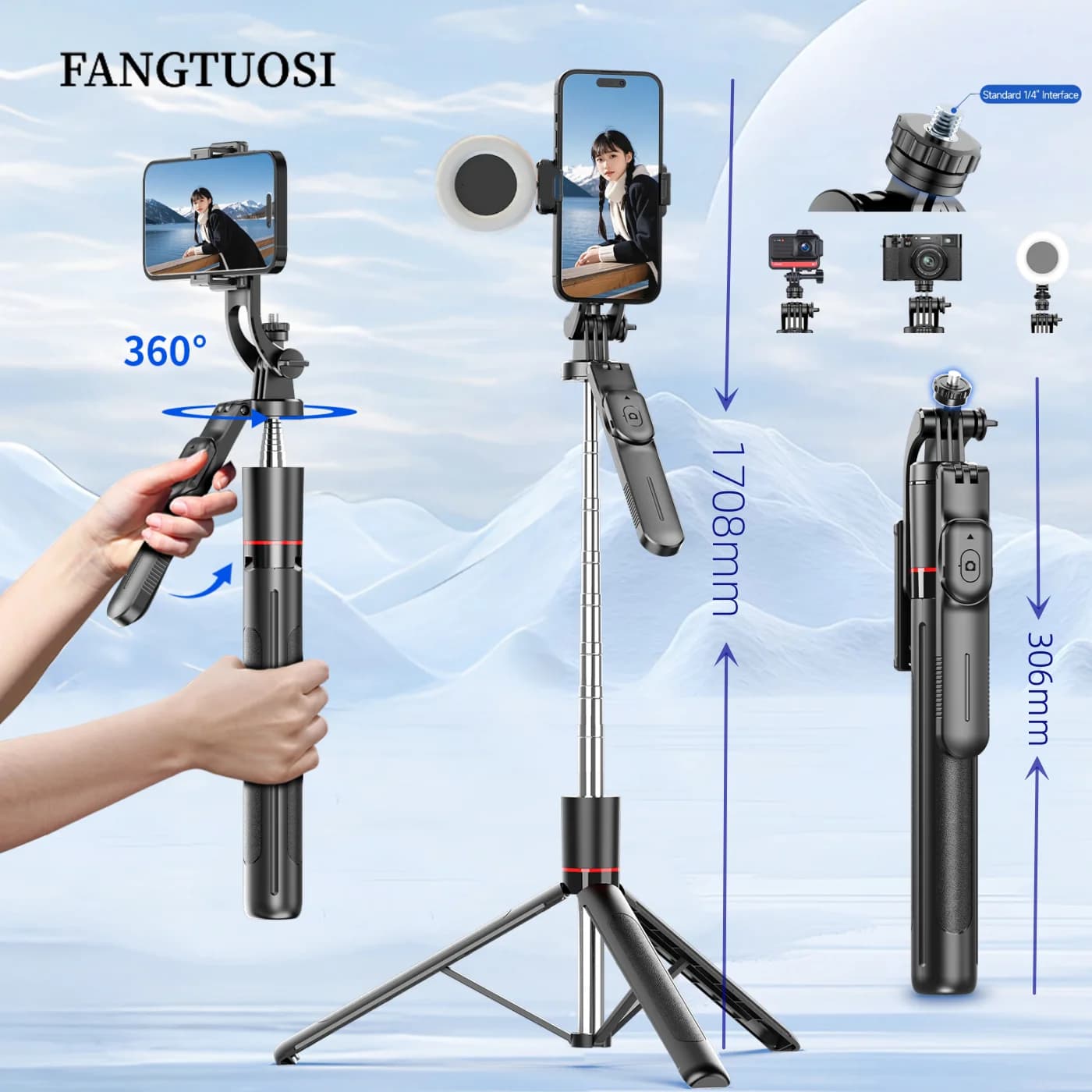 FANGTUOSI New 1.7M Wireless Selfie Stick Tripod Foldable Support for Gopro Action Cameras Smartphone Balance Fixed Live Constants