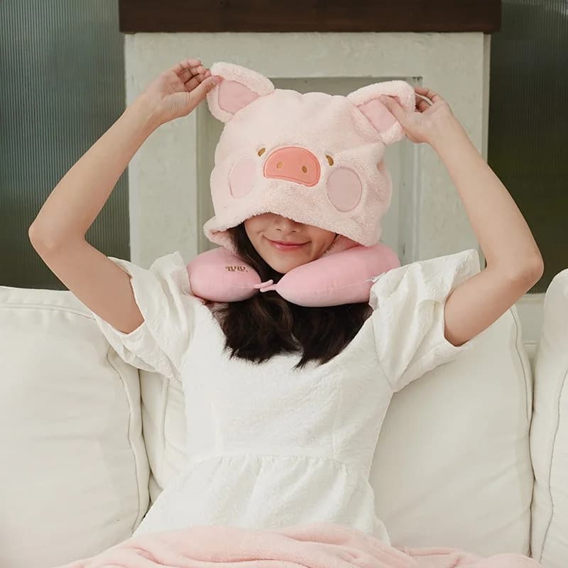 Lulu The Piggy Cartoon Cuscino a forma di U con cappuccio Cuscino da viaggio per il collo Cuscino portatile per auto e aereo Cuscino morbido per ufficio Regali
