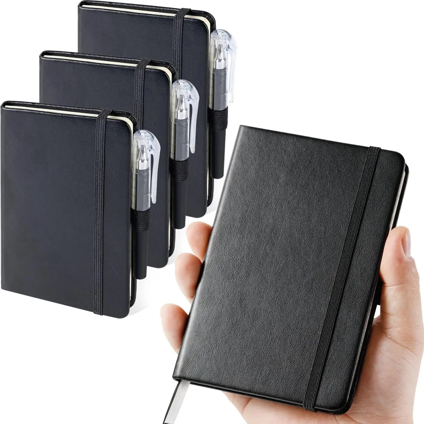 3 Pack Pocket Notebook with Pen, A6 Hardcover Journal 3.7x5.7in, 100gsm Lined Paper for Work Travel Writing, Black Leather
