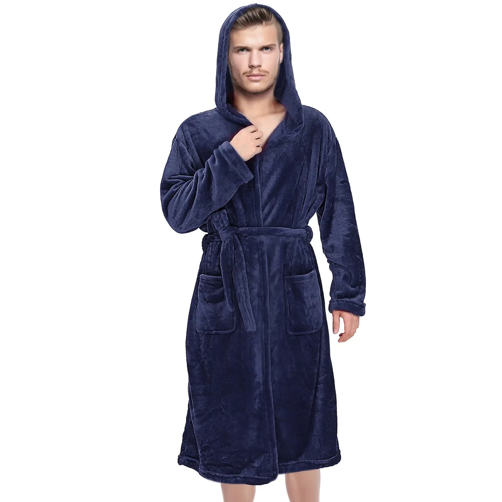 Men's Hooded Bathrobe Soft Polyester Towel Robe for Home Spa Dorm Wear Lightweight Comfortable Versatile Robe