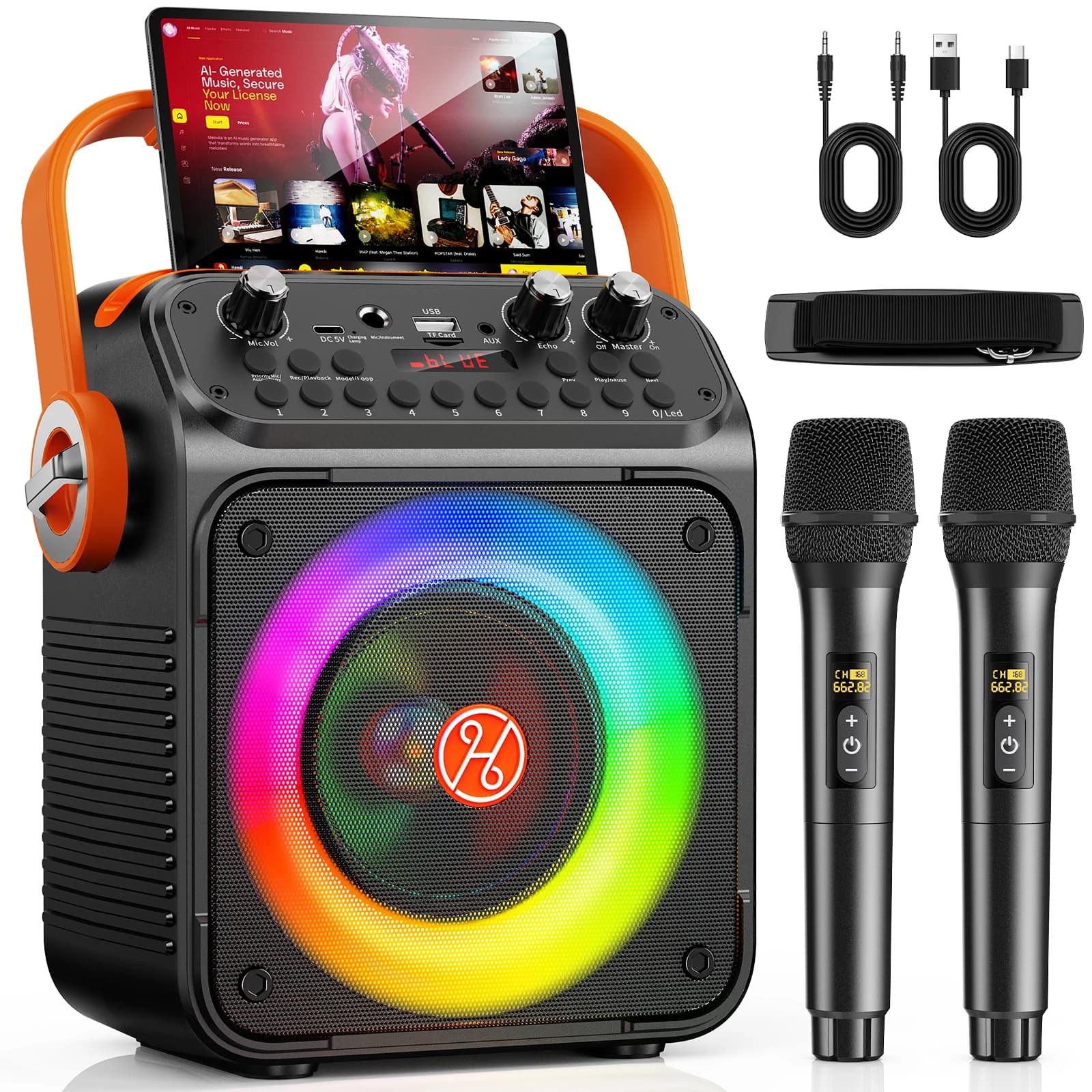 Macchina per Karaoke con 2 Microfoni Wireless, Set Altoparlante Portatile 5200mAh, Sistema PA Ricaricabile Bluetooth 5.0 con TWS, FM, REC