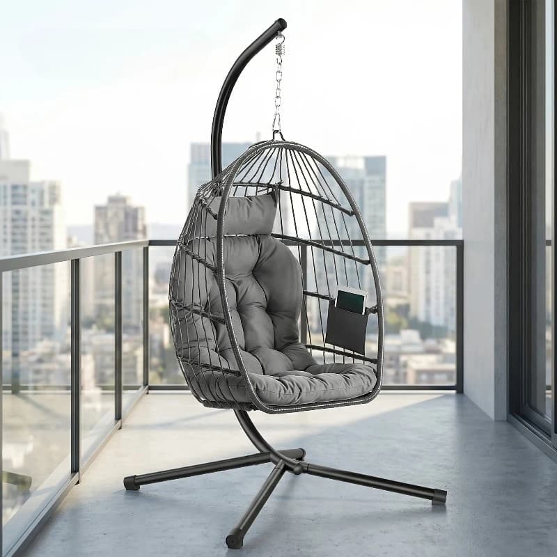 Hanging Egg Chair with Stand – Foldable Removable Basket, Height Adjustable Swing Chair with Pocket & Cushion, Indoor/Outdoor
