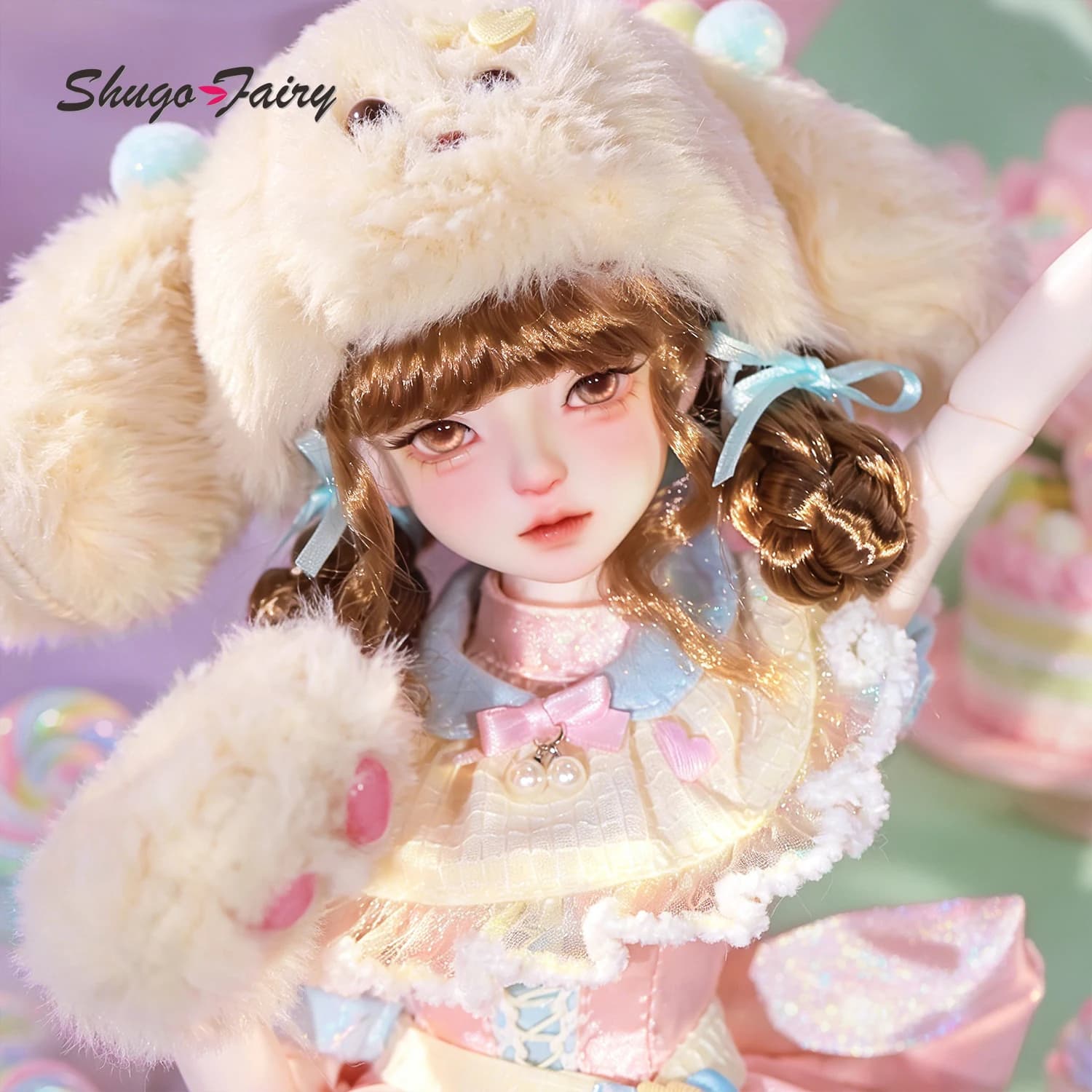 ShugaFairy Mochi C 1/4 BJD Doll Full Set Sweet Floppy-Eared Hat Girl Figure Include Shoes Furry Lolita Clothes Ball Jointed Doll