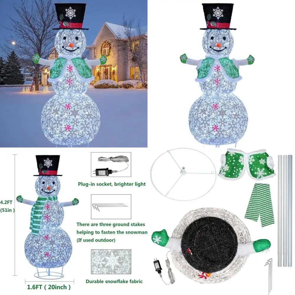 Christmas decoration for outdoors with 51 inch LED illuminated folding snowman with scarf and green vest