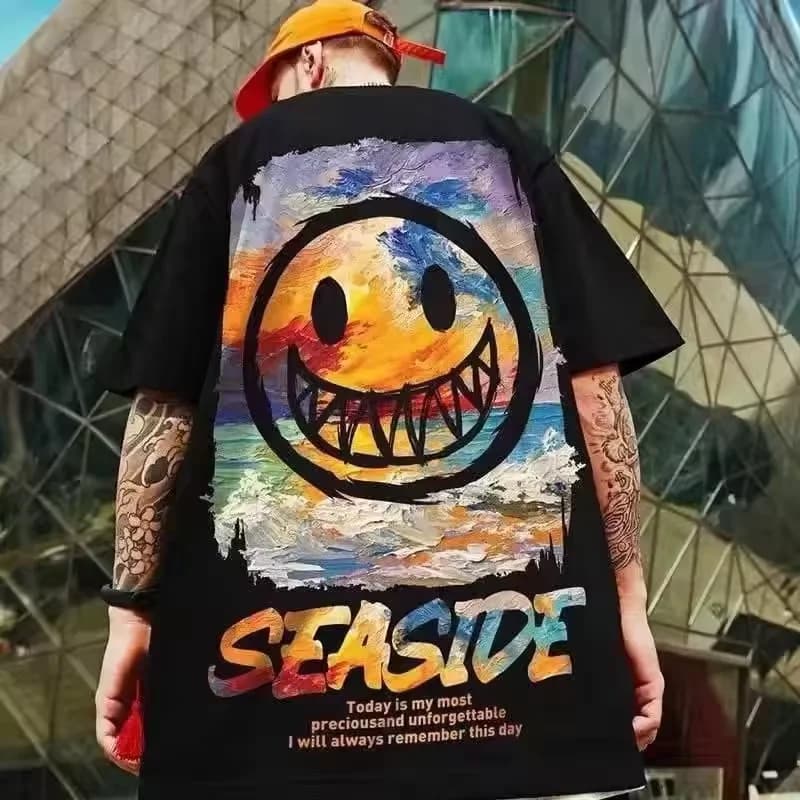 S-3XL Loose Fitting Trend American Vintage Graffiti Expressi Pattern Print T-shirt with Soft Casual Men Versatile Couple Outfit