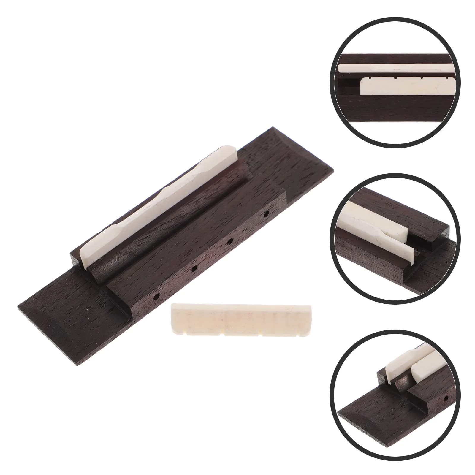 Set Ponte e Sella per Ukulele, Lunghezza 9 cm, Larghezza 2,5 cm, Altezza Totale 11,7 mm, Altezza Base 7 mm, Spaziatura 12 mm, Finitura Classica, Facile Installazione