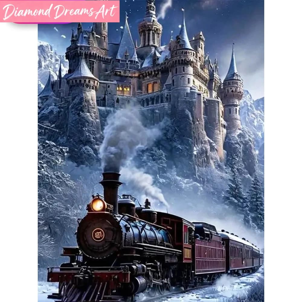 Pittura Diamantata Senza Cornice, Paesaggio Ferroviario Adatto per Principianti, Mosaico Diamantato Fai da Te, Ricamo Casa Castello, Regalo Fatto a Mano