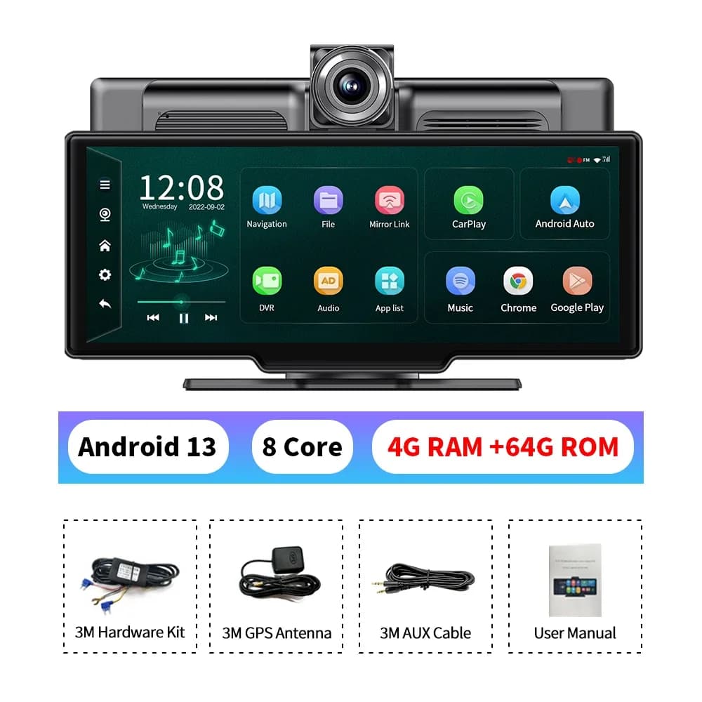 10.26 "4G Android 13 ADAS Dash Cam 8 Core Wireless Carplay e Android Auto Car DVR Navigazione GPS Telecamera per specchietto retrovisore