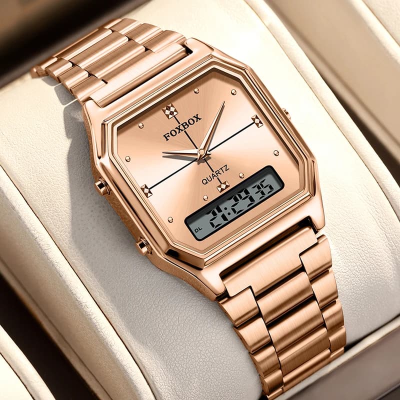 FOXBOX New Women's Watch in Rose Gold, Luxury Brand, Analog-Digital Watch for Women, Waterproof, Quartz, for Ladies and Girls