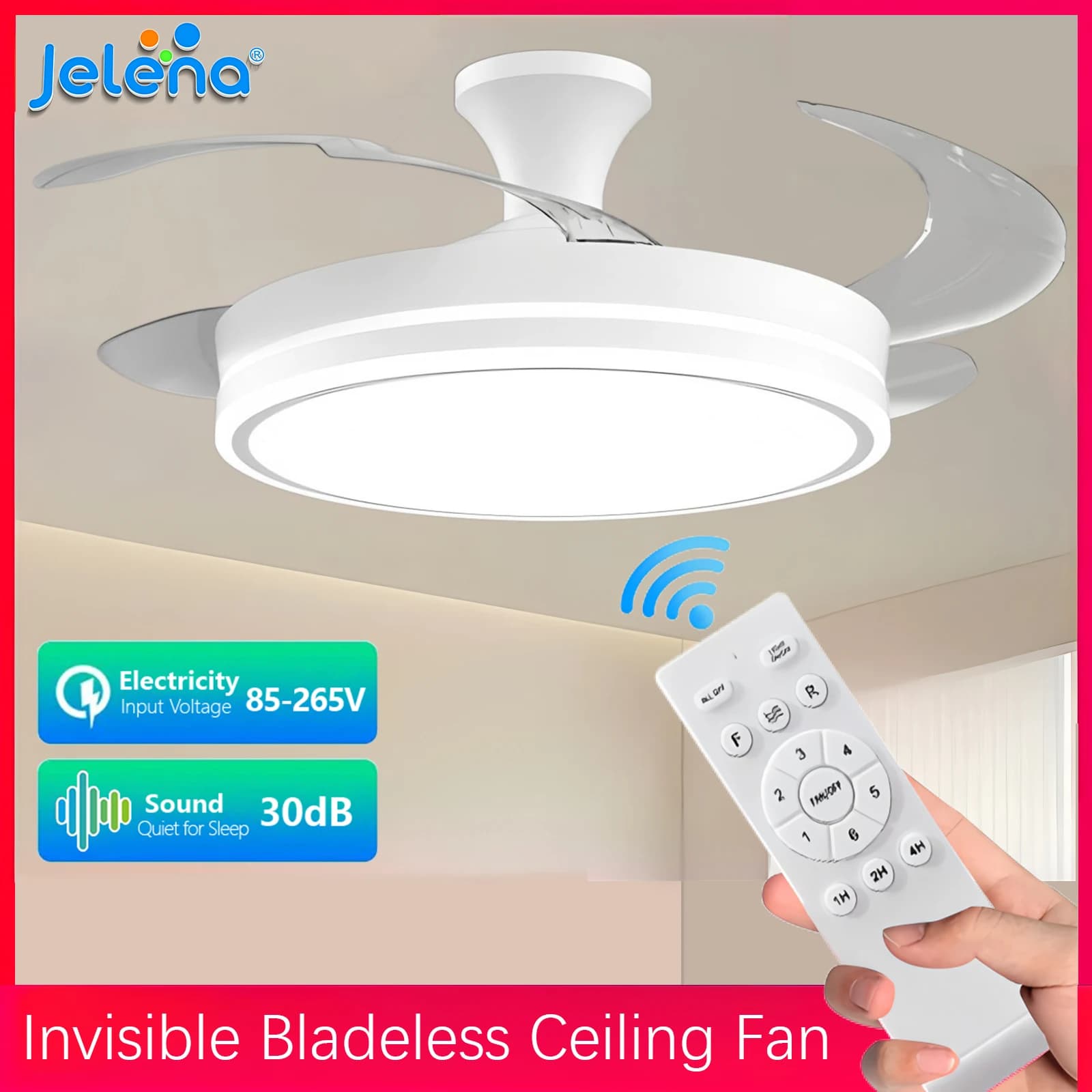 Jelena Nuovo Ventilatore da Soffitto Invisibile con Luce LED, Motore DC, Grande Volume d'Aria, Telecomando per Camera da Letto e Sala da Pranzo