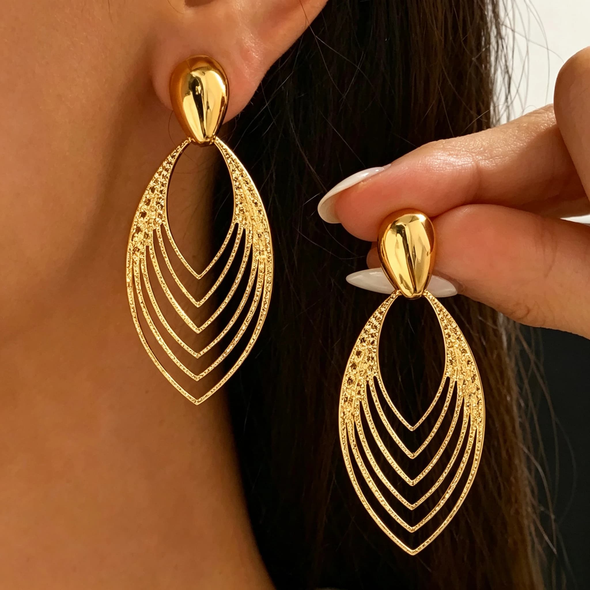 Multi Layer V Chevron Leaf Dangle Earrings Hollow Long Oval Drop Gold Plated Textured Ear Buckle Jewelry For Women