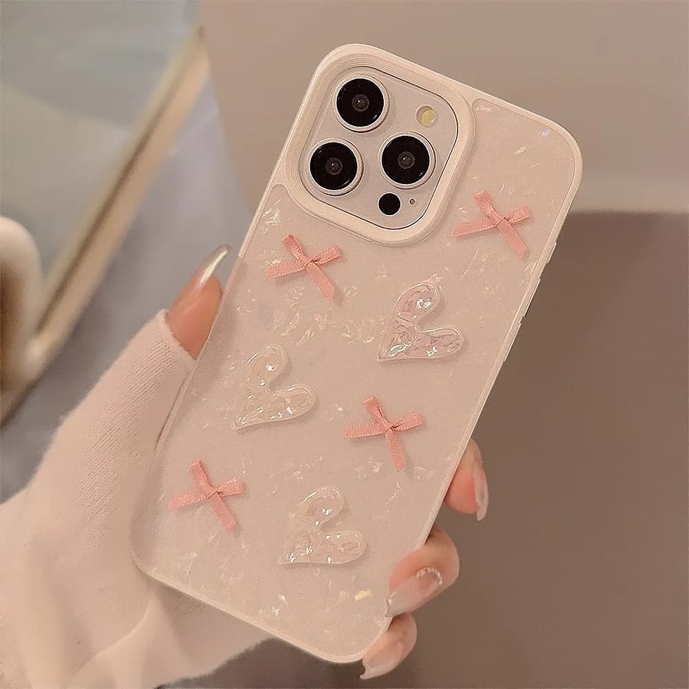 Luxury 3D Love Heart Shell Texture Bowknot Phone Case For iPhone 17 Air 16 15 14 13 11 12 Pro Max Shockproof Protective Cover