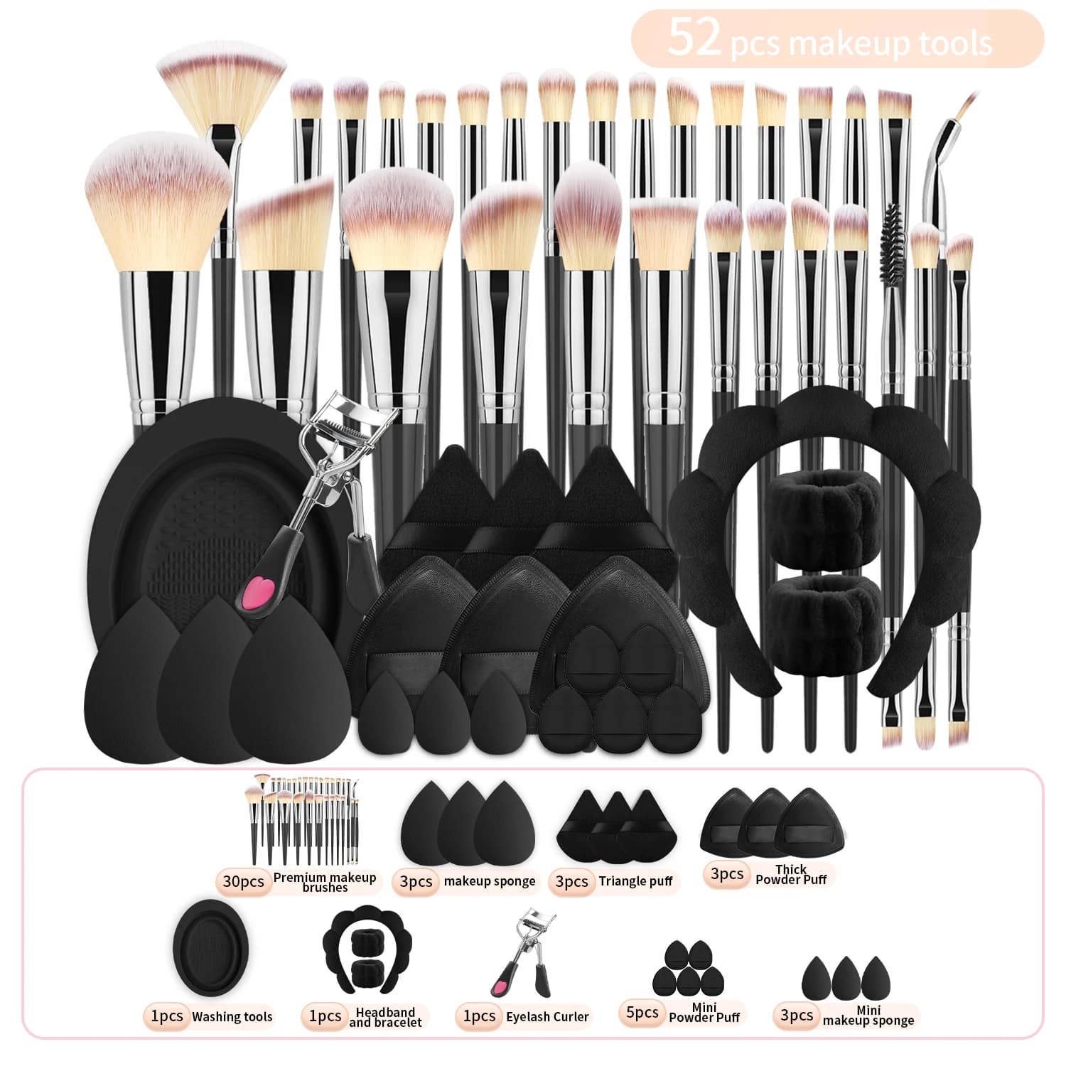 Set di 52 strumenti per il trucco con 30 pennelli, pennello per cipria, pennello per fondotinta + spugne, piumini, piegaciglia, fascia per lavare il viso