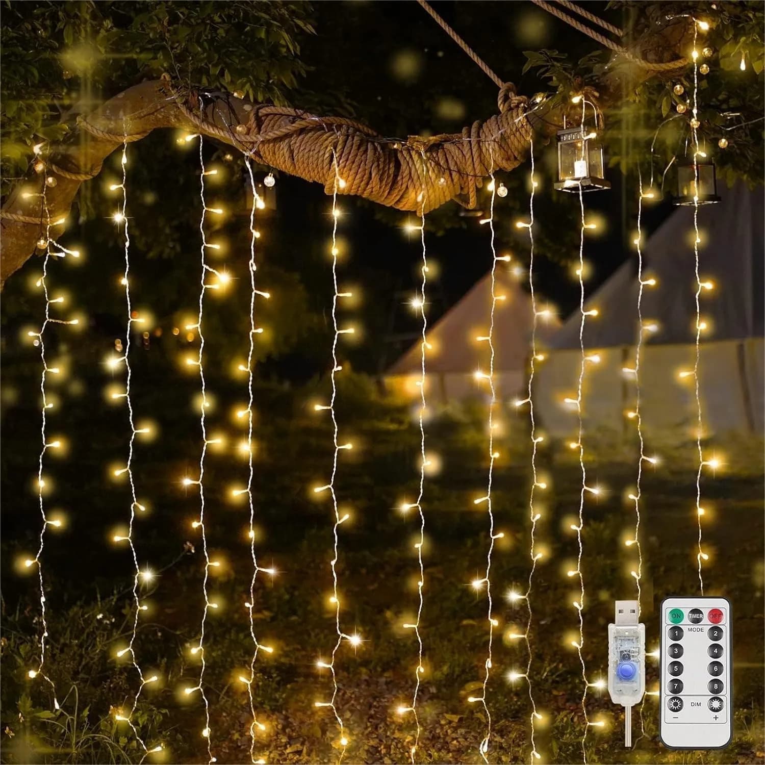 Luci a tenda per camera da letto, 200 LED, luci a stringa sospese per esterni, luci a tenda fatate per interni, per Natale, dormitorio, parete, sfondo, finestra, matrimonio, festa, compleanno, decorazioni, bianco caldo