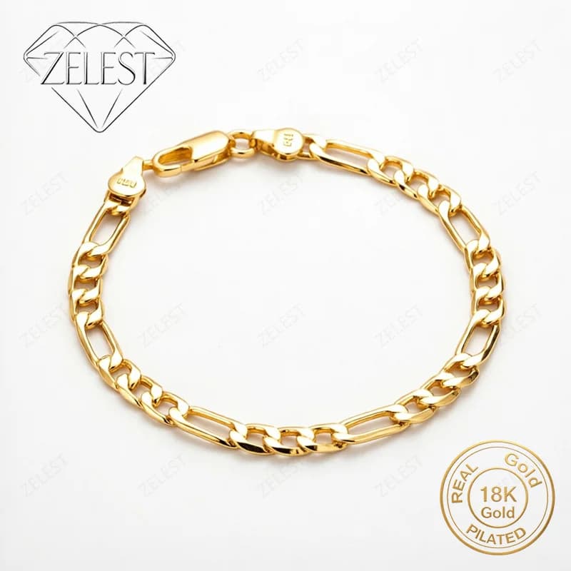 925 Sterling Silver 18K Gold Plated 8 Inch Simple Figaro Bracelet Men Women Fashion Wedding Party Jewelry