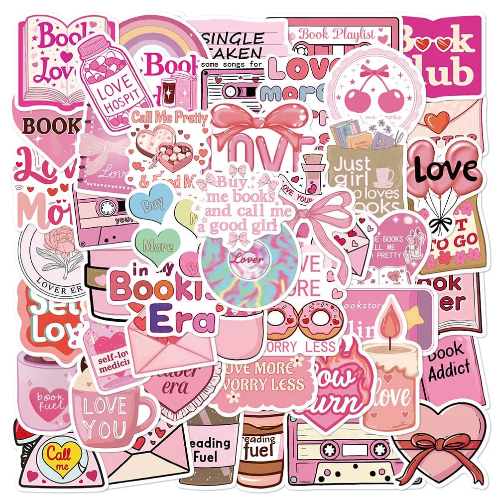 50Pcs Cute Pink Book Club Stickers Book Love DIY Stickers Scrapbooking Phone Luggage Skateboard Waterproof Decals