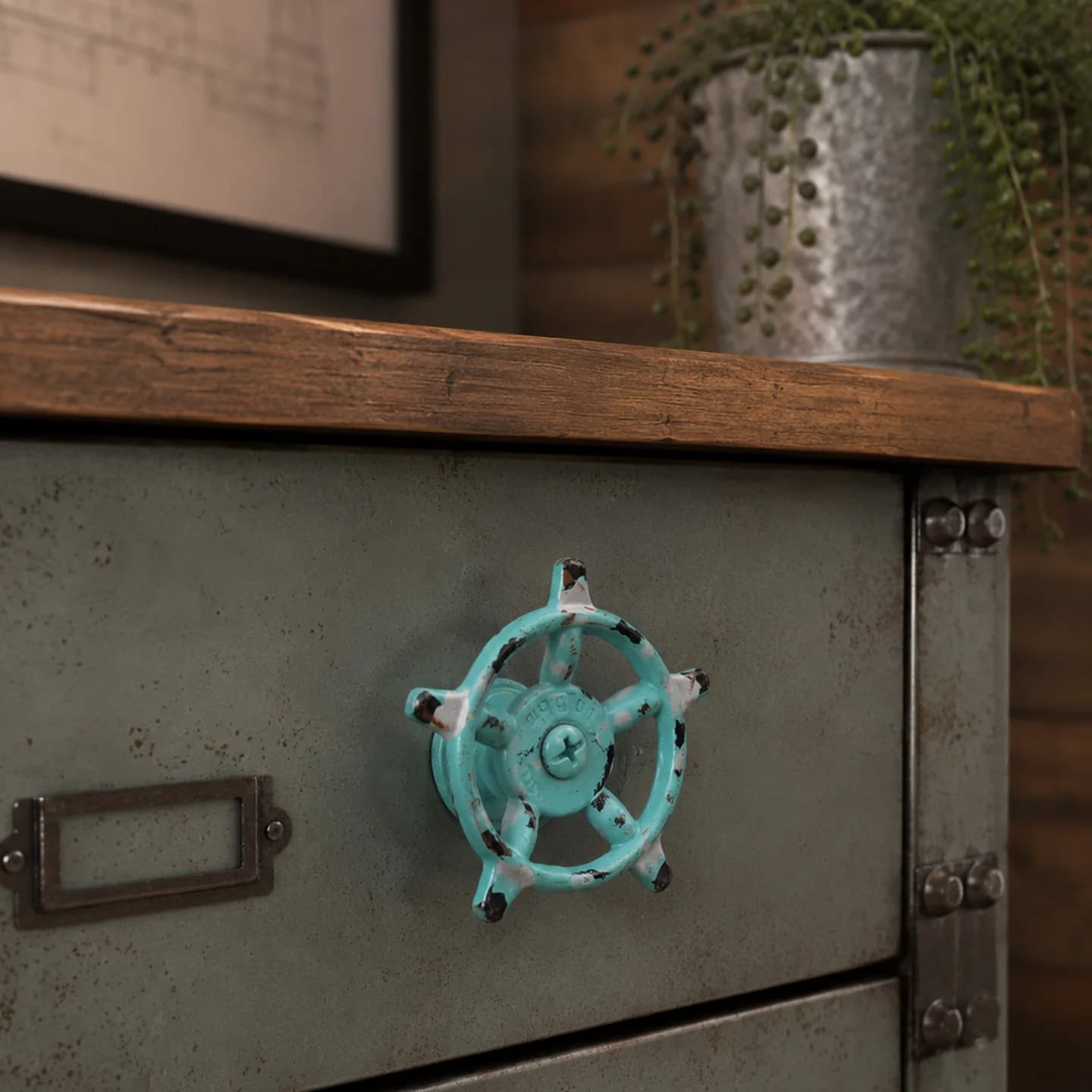 2Pc Blue Ship Wheel Cabinet Knob Industrial Style Drawer Pull Dresser Knob Wardrobe Cupboard Door Handle 52mm with Screws