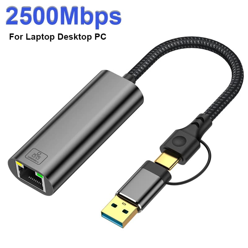 Adattatore Ethernet USB 2.5G 2500Mbps USB3.0, Scheda di Rete per Laptop, PC, NAS, Server, Windows, Mac OS, Cavo Adattatore Internet USB-A/C
