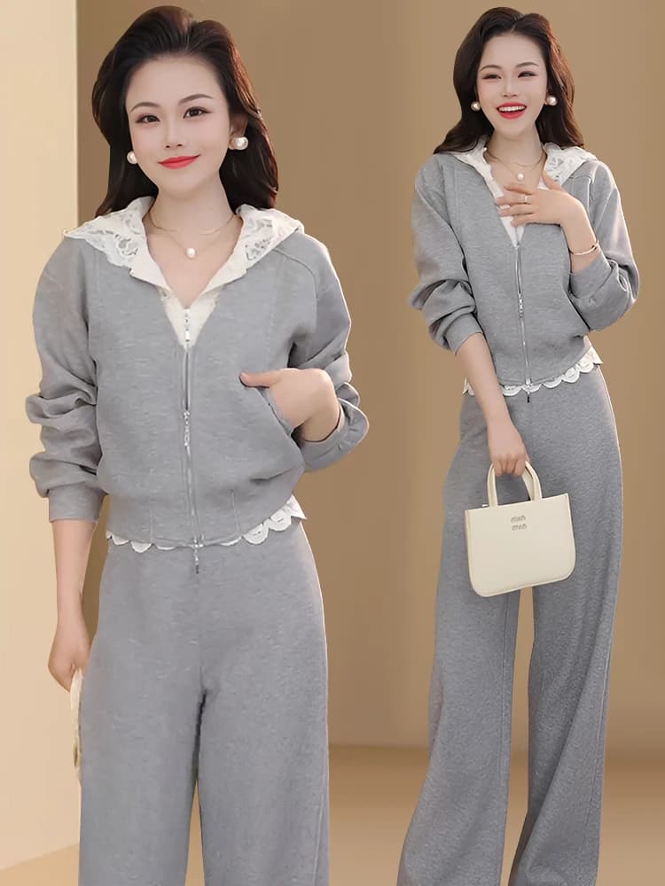 Spring Autumn Women's Sporty Lace Trimmed Two-Piece Set Casual Style Long Sleeve Hoodie And Cardigan Button up Fashion Ensemble