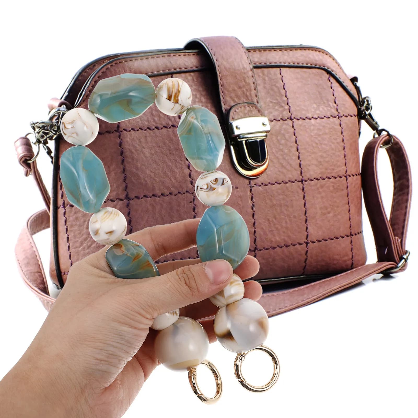 Catenella Estensibile per Borsa con Perle e Design Vintage Dipinto a Mano, Manico in Acrilico con Perline per Borsa a Tracolla 38cm