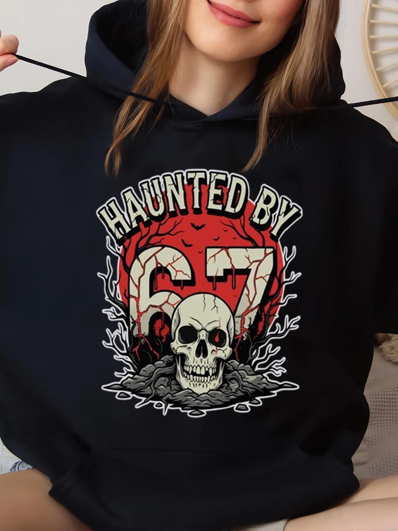 Haunted by 667 Halloween hoodie with skull print for woman and man, party costume, black, big size