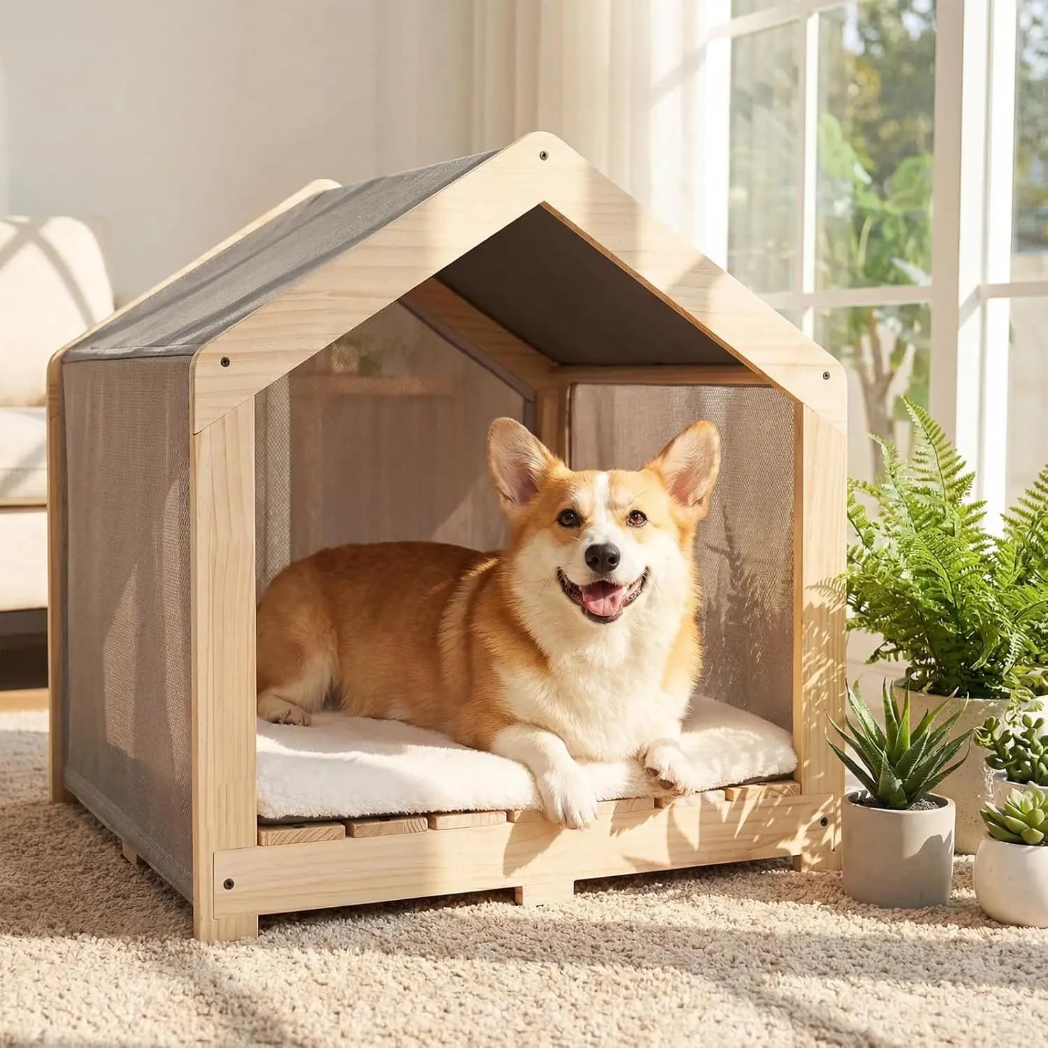 Cuccia per Cani da Interno, Cuccia in Legno Massello con Rivestimento Lavabile e Rimovibile, Cuccia Traspirante e Accogliente per Cani di Piccola Taglia