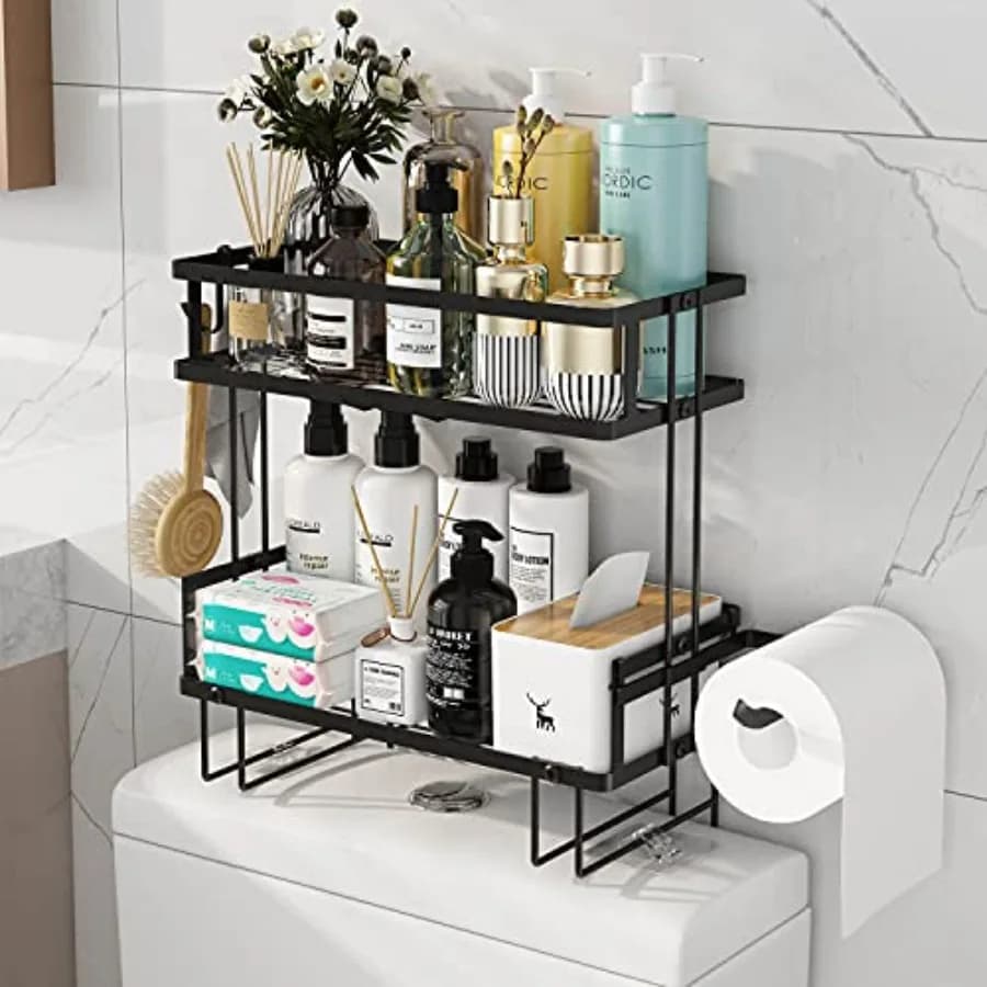 Organizzatori per Bagno: Scaffali Galleggianti a 2 Livelli da Posizionare Sopra il WC con 2 Ganci e Porta Carta Igienica, Mensola a Parete, Arredo Moderno