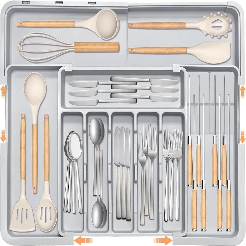 Adjustable Kitchen Utensil Organizer with 2 Knife Blocks, BPA-Free, Expandable Plastic Storage for Cutlery and Silverware (Grey)