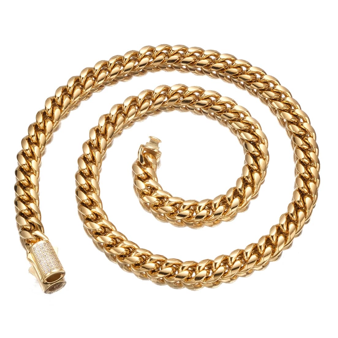 Collana con catena a maglie cubane Miami in acciaio inossidabile tono oro da 10 mm con lucchetto CZ da 16"-40" per uomo