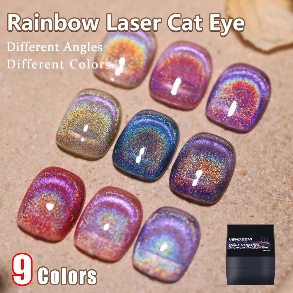 Vendeeni 9 colori Magnetic Rainbow Cat Eye Gel smalto per unghie Nail Art Glitter Laser magnetico Gel UV vernici Auroras Gel lacca