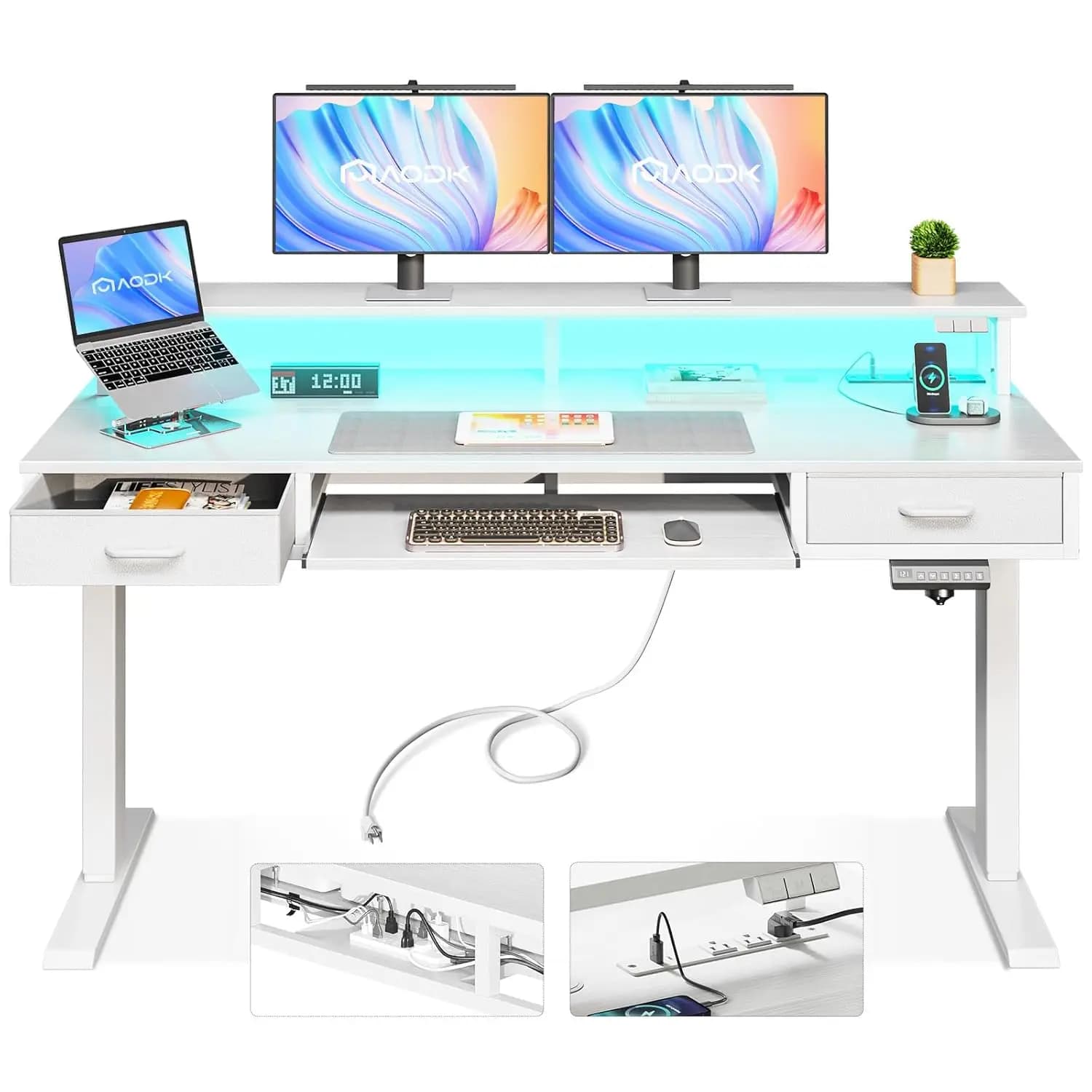 Scrivania Elettrica Regolabile in Altezza da 55 Pollici con Cassetti, Vassoio per Tastiera, Prese Elettriche, Luci LED, Supporto Monitor per Casa e Ufficio, Personalizzabile