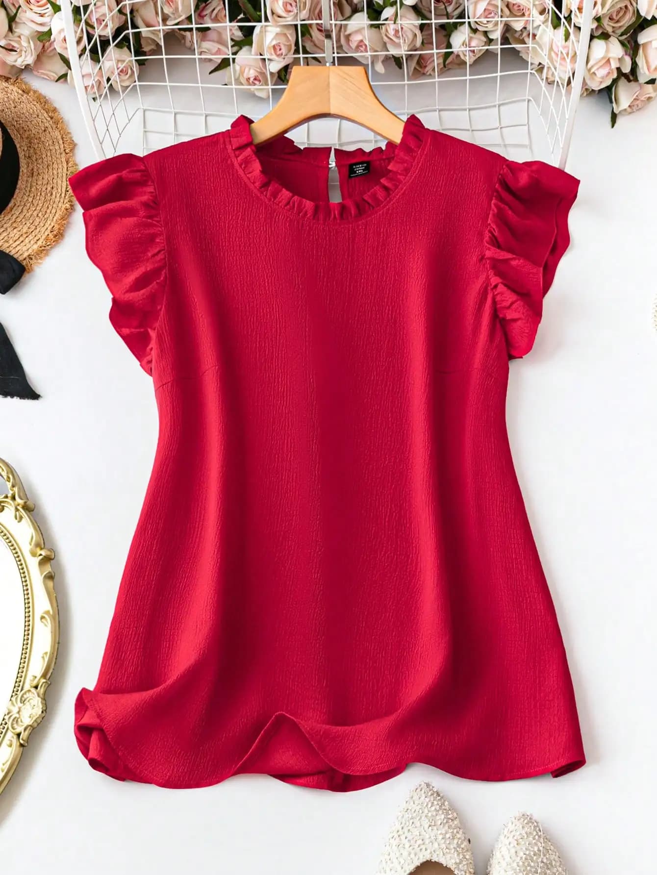 Women's Plus Size Red Summer Shirt with Volant Edge and Hood Sleeves