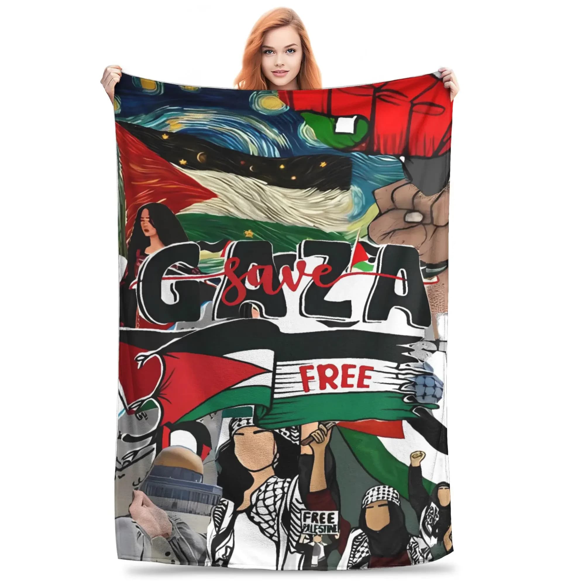 Super Warm Black White Graphic Throw Blanket Plush Bedding Flannel Bedspread Cover For Kids Gaza Protest Crowd Design